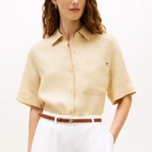 Camisa Tommy de manga curta de linho puro Relaxed Fit